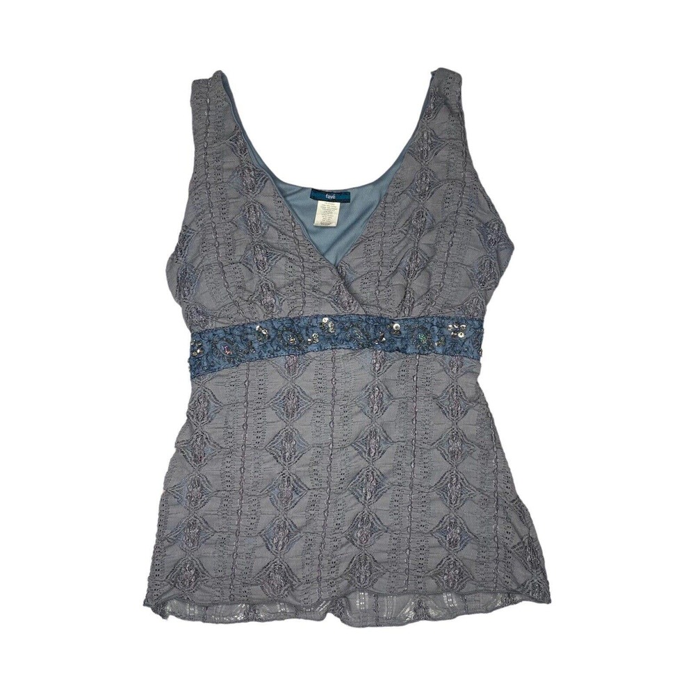 Fave Gray & Blue Sequin V Neck Tie Top With Sequins Y2K Large